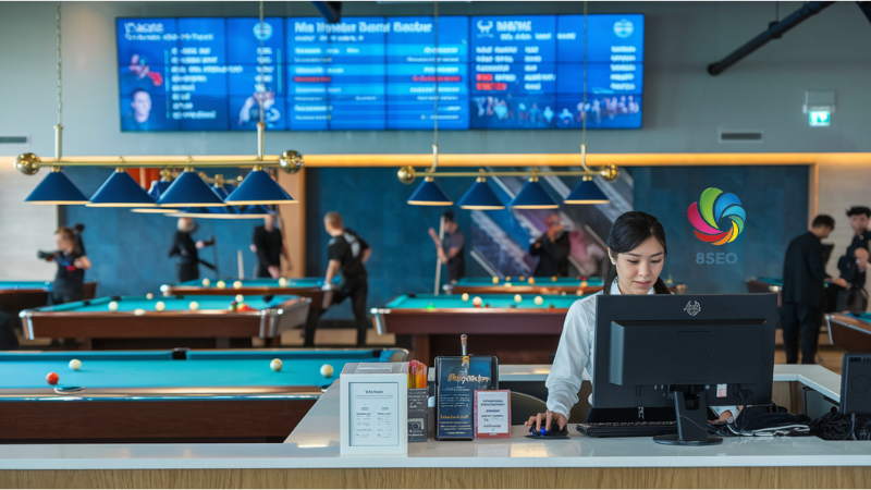 Create a realistic image of a modern billiards club interior with a reception desk in the foreground, where an Asian female staff member is using a computer to manage customer data. In the background, several pool tables are visible with players enjoying games. A digital display on the wall shows member rankings and upcoming events.