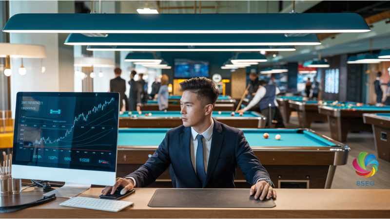 Create a realistic image of a modern billiards hall interior with a reception desk in the foreground, displaying a computer screen showing financial graphs and revenue charts. A well-dressed Asian male manager is seated at the desk, focused on the screen. In the background, several pool tables are visible with customers playing, suggesting a busy and profitable business atmosphere.